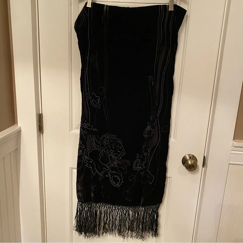 SCARF BLACK VELOUR BURN OUT FLORAL SILVER DOT ACCENT LONG FRINGE ENDS RECTANGLE